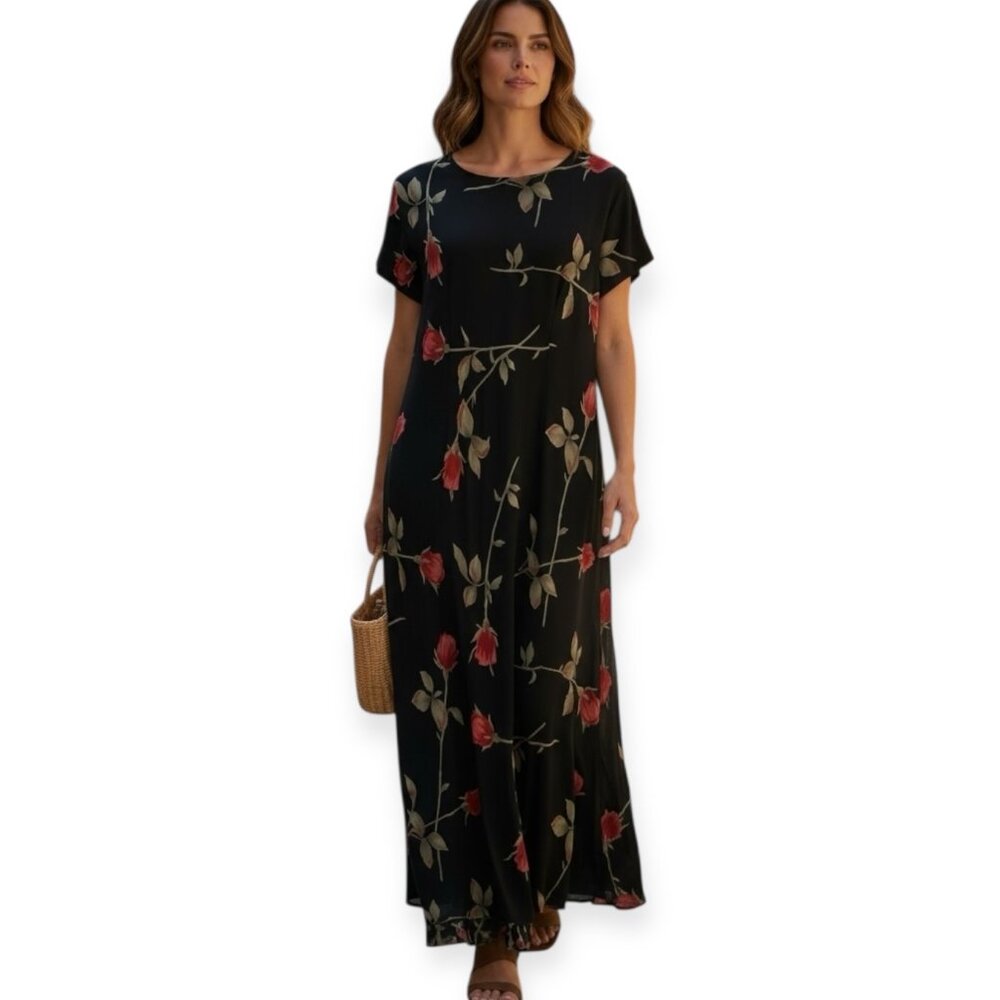 Jessica Howard Black Floral Maxi Dress Short Sleeve Chiffon Lined Women’s 14T